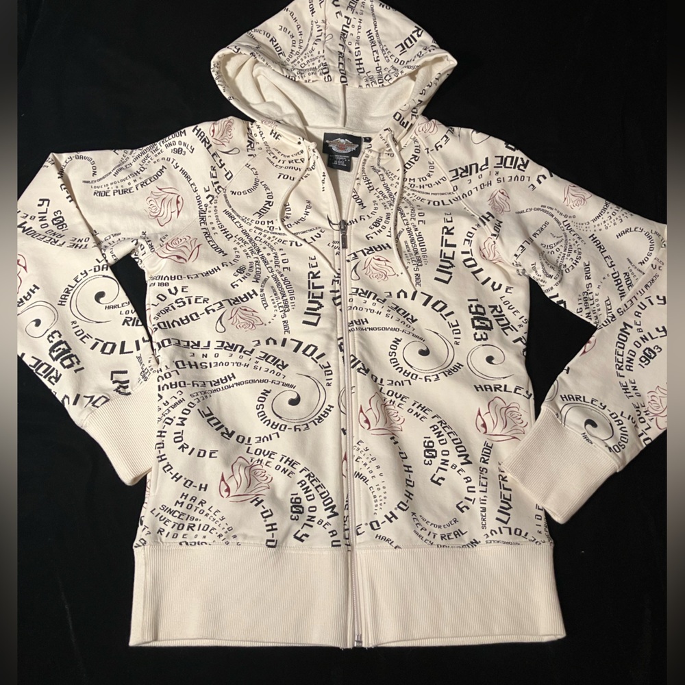 90s Harley Davidson Zip Up Hoodie Rose 1903 AllOver Logo Print Live To Ride HD S